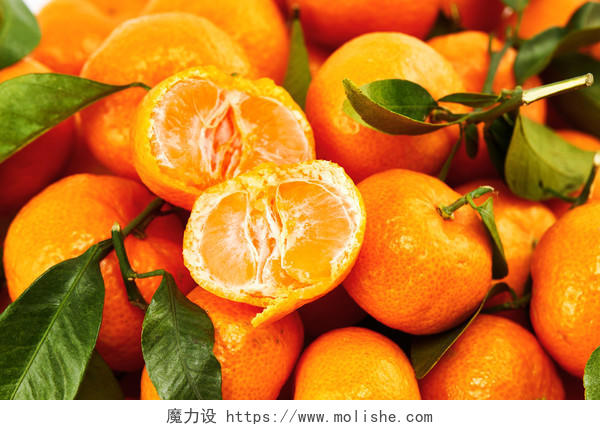 绿叶平铺水果平铺小橘子剥开橘子蜜桔金桔